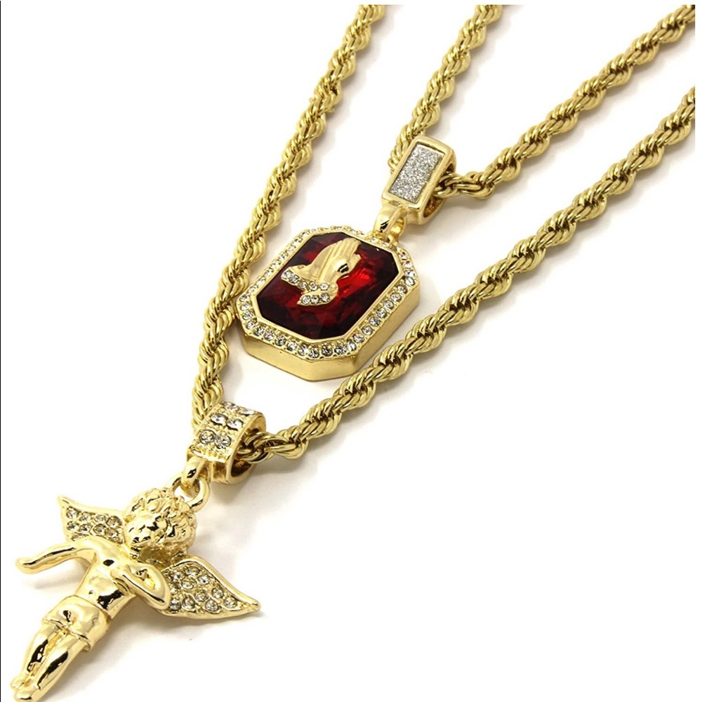 Gold Angel & Ruby Set Cz Pendant 24" & 30" Chain